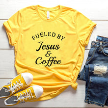 Load image into Gallery viewer, Fueled By Jesus & Coffee T-shirt Ladies Religious Christian Graphic Tee Top Fashion Women Motivational Bible Verse Church Tshirt