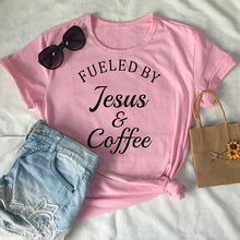 Load image into Gallery viewer, Fueled By Jesus & Coffee T-shirt Ladies Religious Christian Graphic Tee Top Fashion Women Motivational Bible Verse Church Tshirt