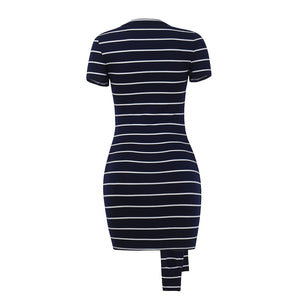 Women's Dresses Blue And White Striped Short Sleeve Front Tie Bodycon Dress O-neck 2019 Spring Summer Fashion Casual Dress