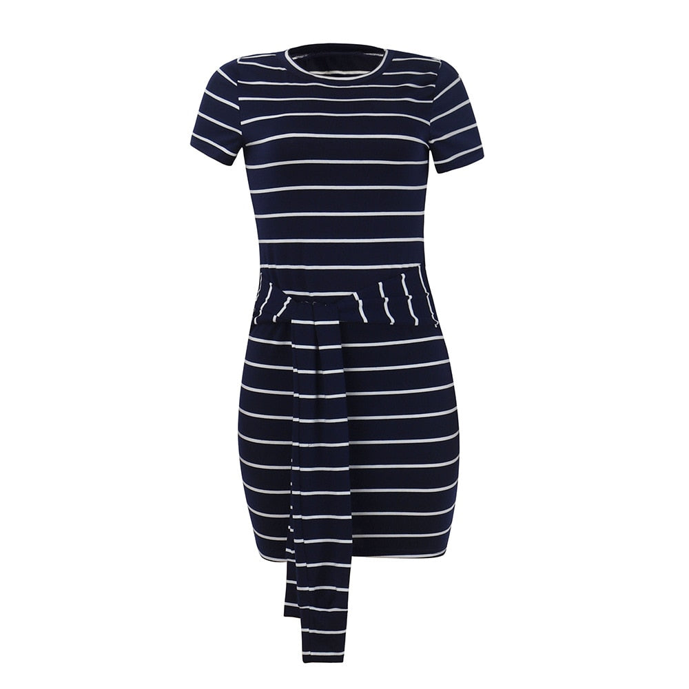 Women's Dresses Blue And White Striped Short Sleeve Front Tie Bodycon Dress O-neck 2019 Spring Summer Fashion Casual Dress