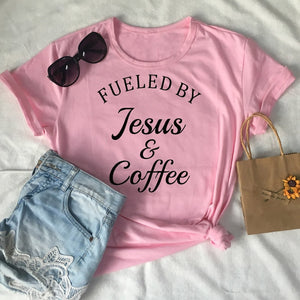 Fueled By Jesus & Coffee T-shirt Ladies Religious Christian Graphic Tee Top Fashion Women Motivational Bible Verse Church Tshirt