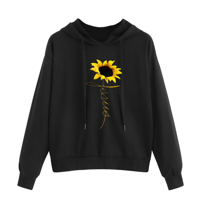 Jesus Sunflower Printed Long-Sleeve Hoodie