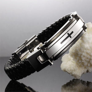 Cross Stainless Steel Braided Leather Bracelet