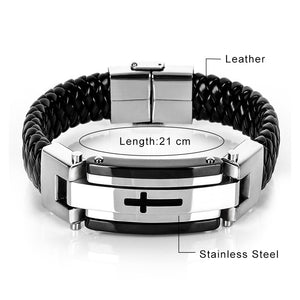 Cross Stainless Steel Braided Leather Bracelet