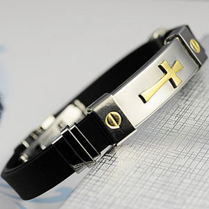 Hot Womens Mens Cross Stainless Steel Silicone Buckle Bracelets Bangle Wristband Punk Rock Style Christian Men Jewelry